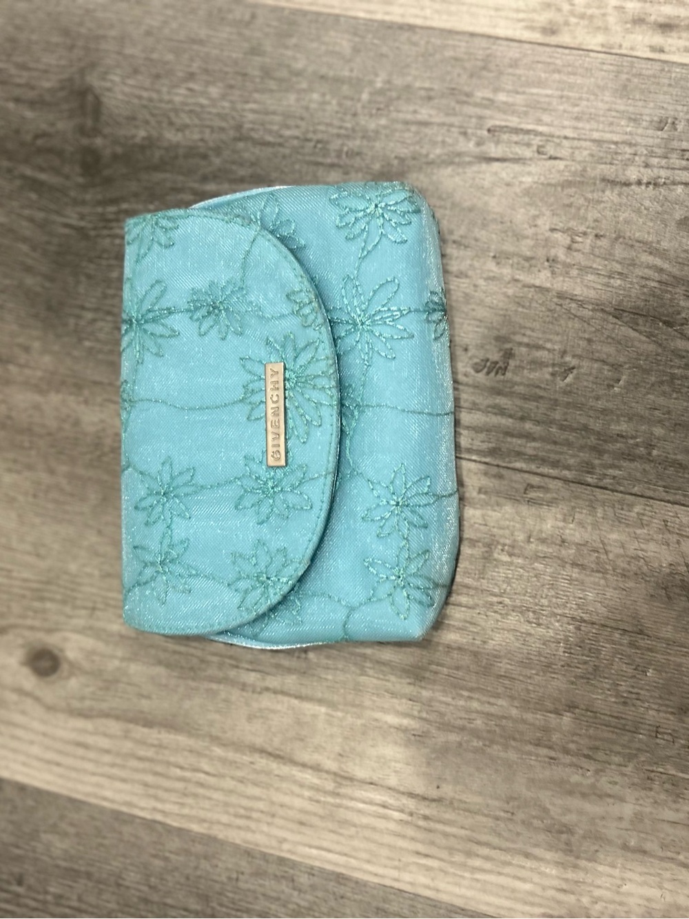 Vintage givenchy Blue Beaded Floral Clutch with Gold Logo Plate